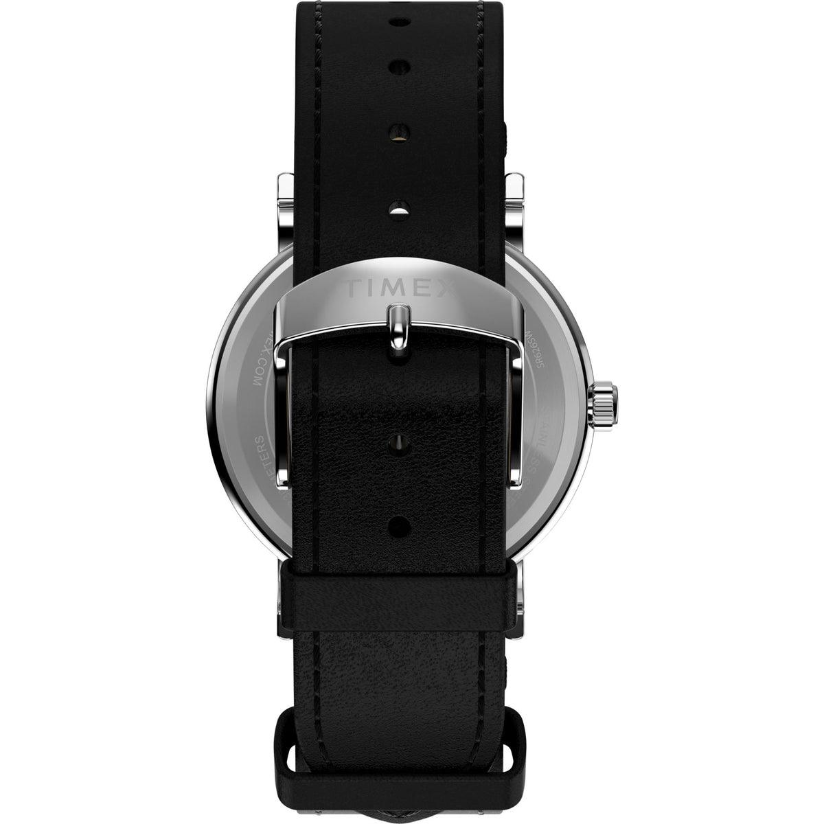 Timex Peanuts watch with black leather strap, silver case, and round crown at right