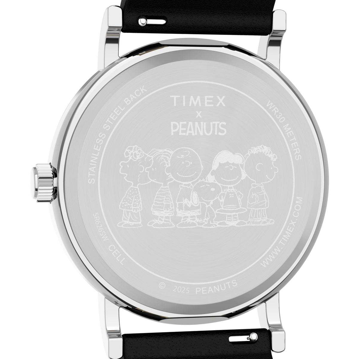 Timex Peanuts watch stainless-steel case back with engraved lettering and characters
