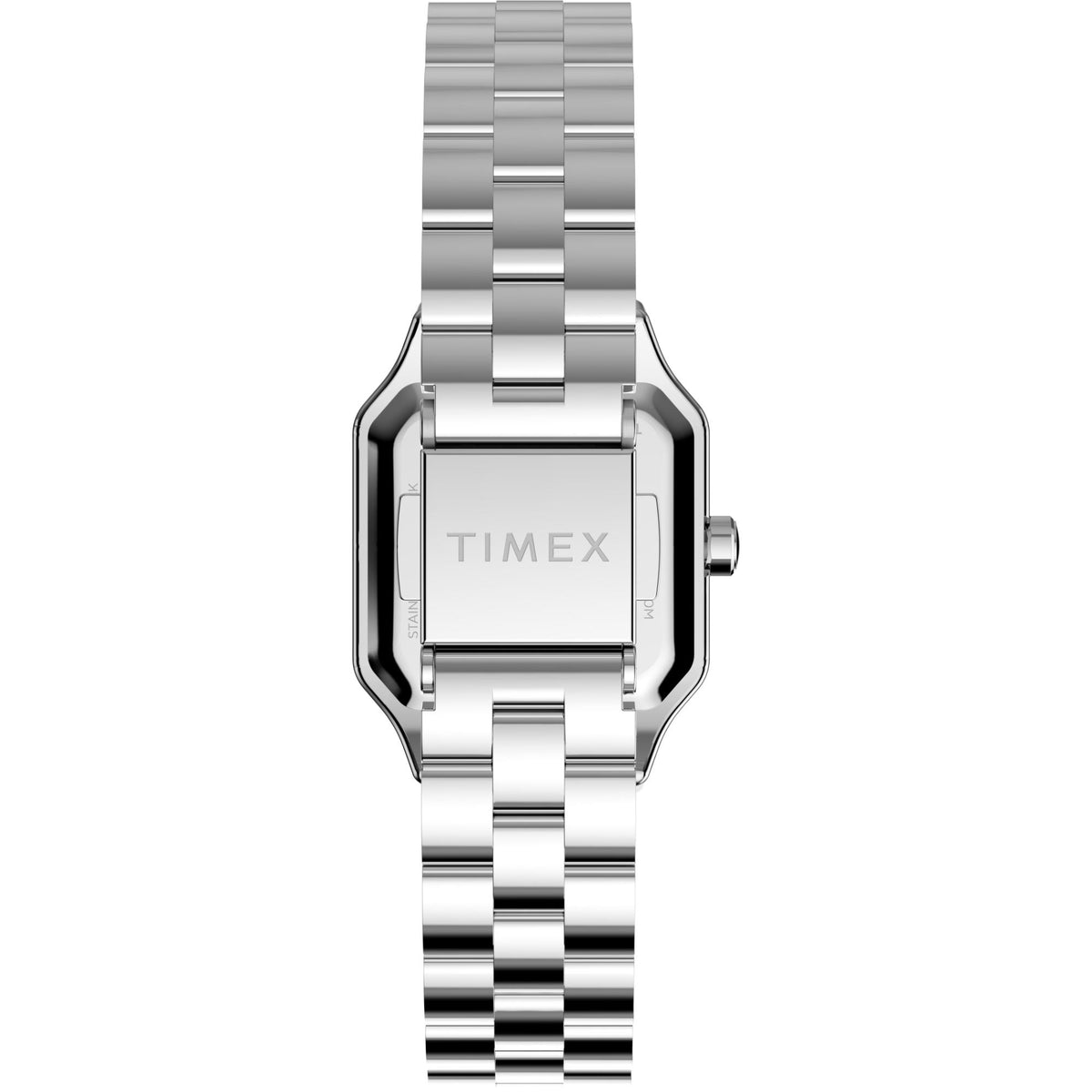 Silver steel watch with square case and crown, front view