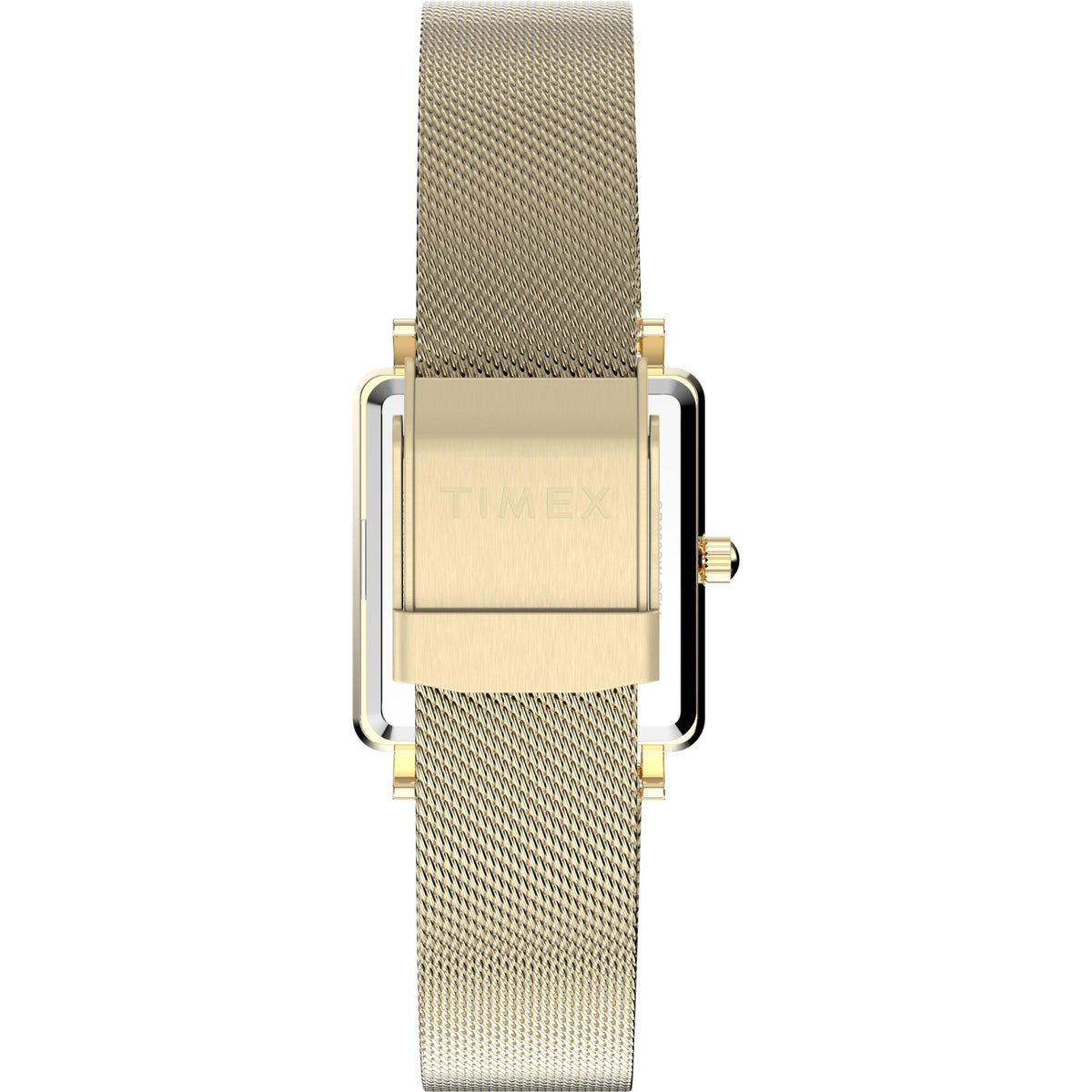Side profile of gold-tone ladies quartz watch with mesh strap and rectangular case