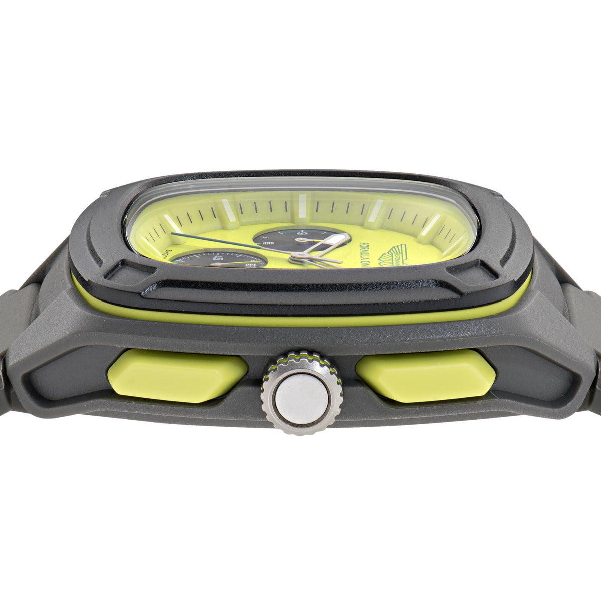 Men's quartz chronograph watch, grey case with yellow accents and grey silicone strap
