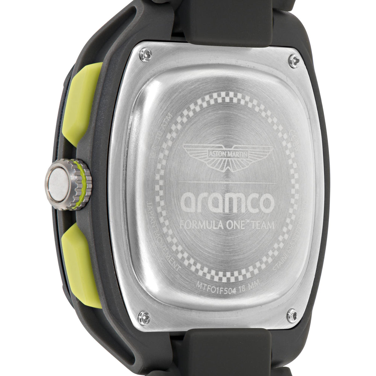 Men's watch case back with Aston Martin logo and grey silicone strap