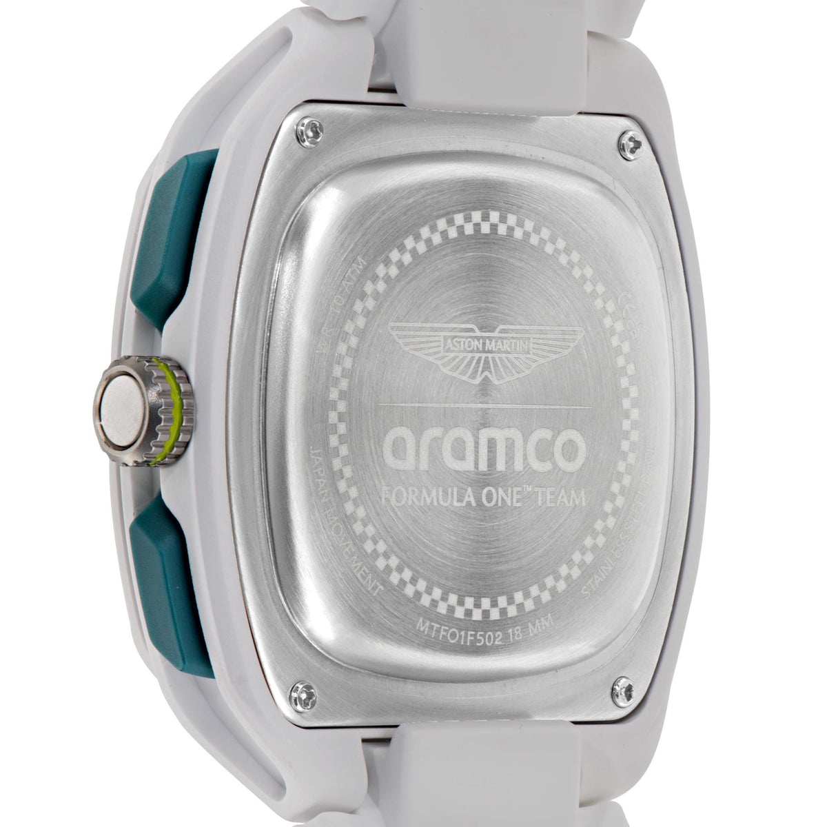 Men's quartz chronograph watch back with engraved oval logo on silver-tone case