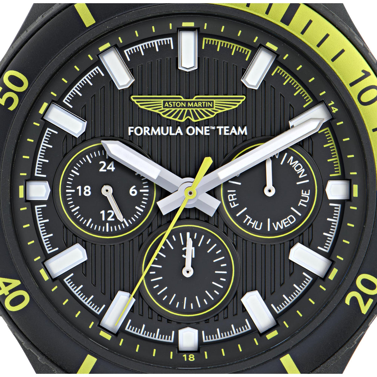 Men's quartz chronograph watch dial close-up, black face with green Formula One Team accents