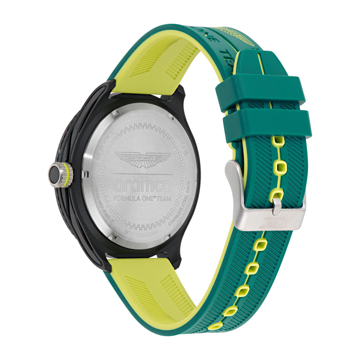 Men's quartz chronograph watch back view, silver caseback with green and yellow silicone strap