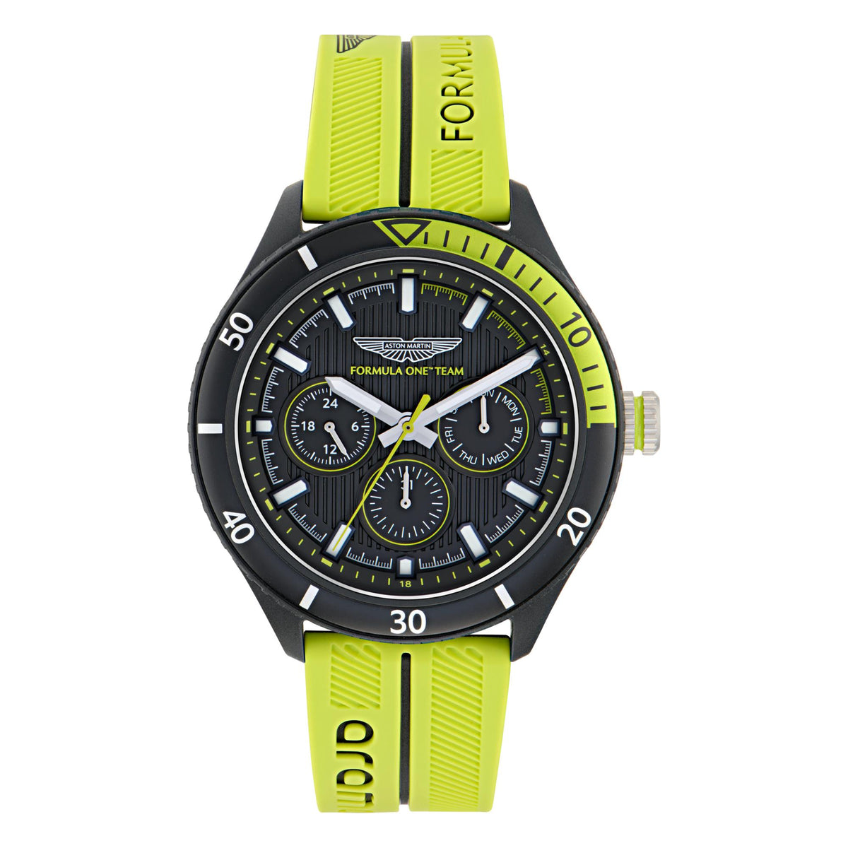 Men's quartz chronograph wristwatch, black case with yellow silicone strap, round dial