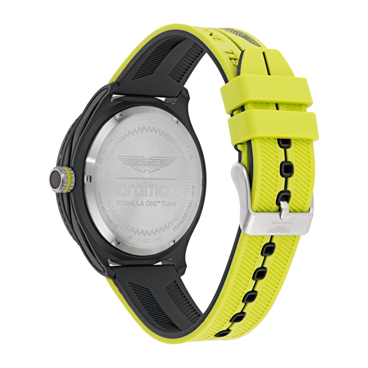 Quartz chronograph watch back view with yellow silicone strap and metal caseback