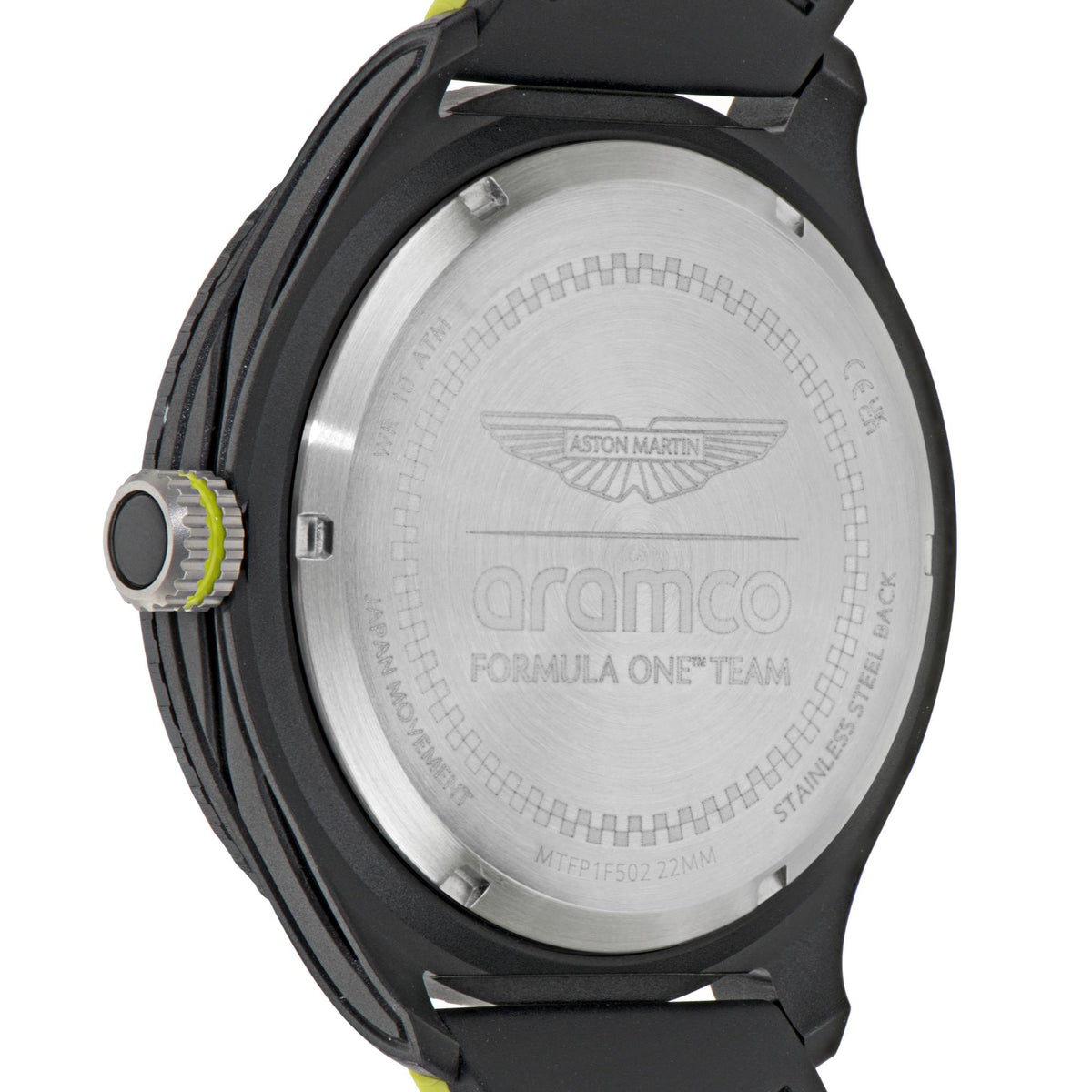 Watch caseback close-up with engraved Aston Martin logo and aramco branding