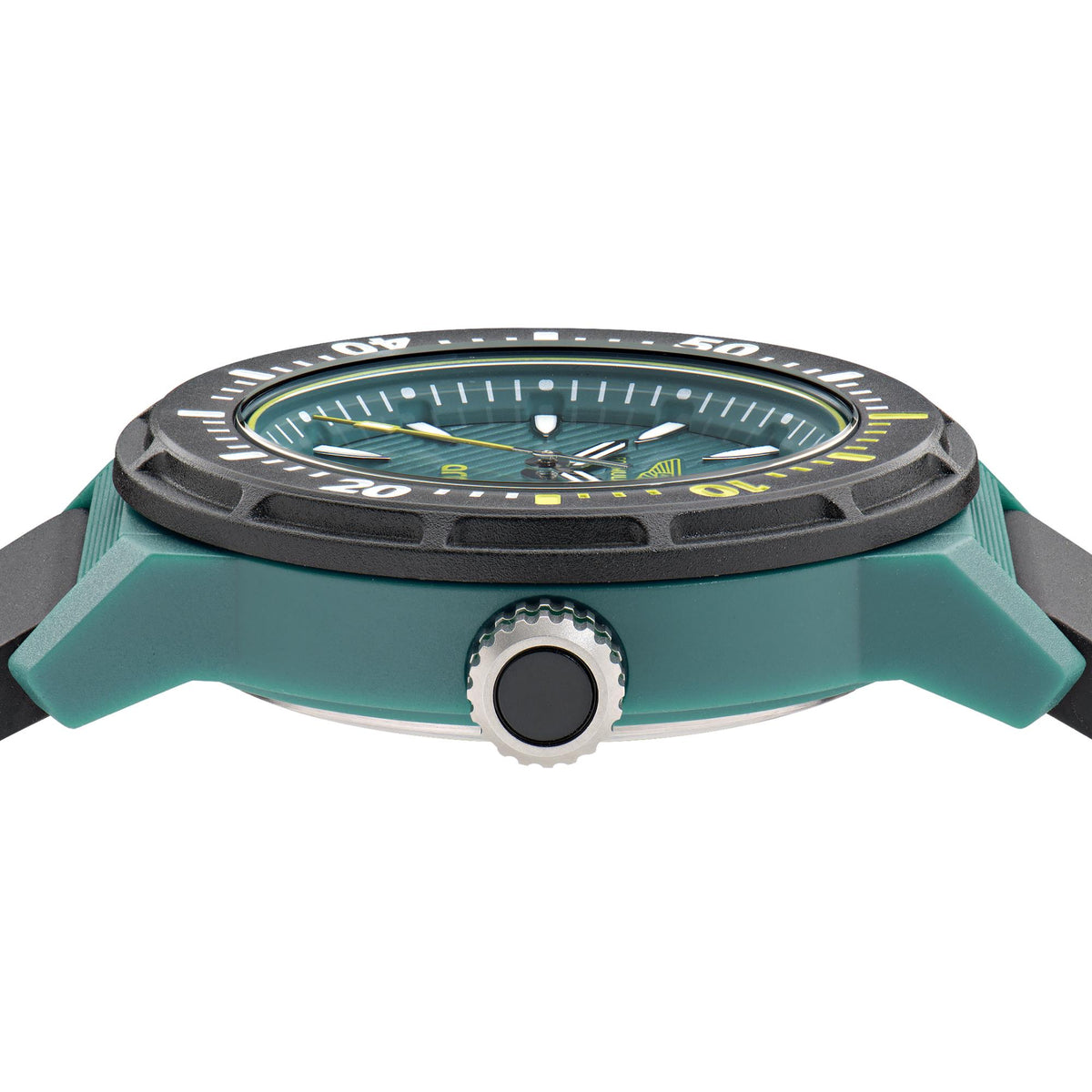 Teal and black sports watch with green dial, crown, and textured bezel details