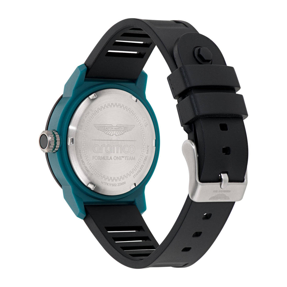 Back view of teal sports watch with silver caseback and black silicone strap