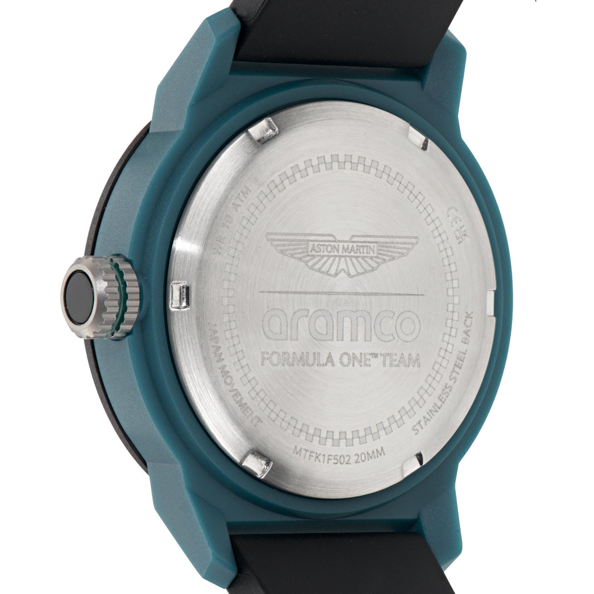 Close-up of stainless steel caseback on teal silicone watch with engraved logo