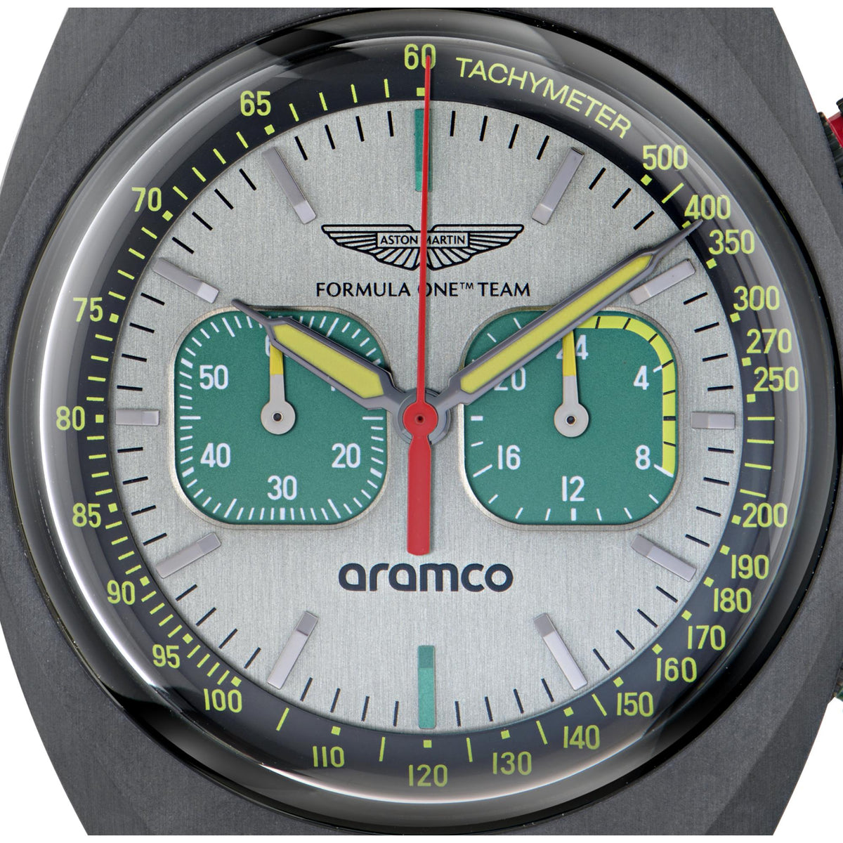 Men's chronograph watch, white dial with green accents and tachymeter bezel marks.