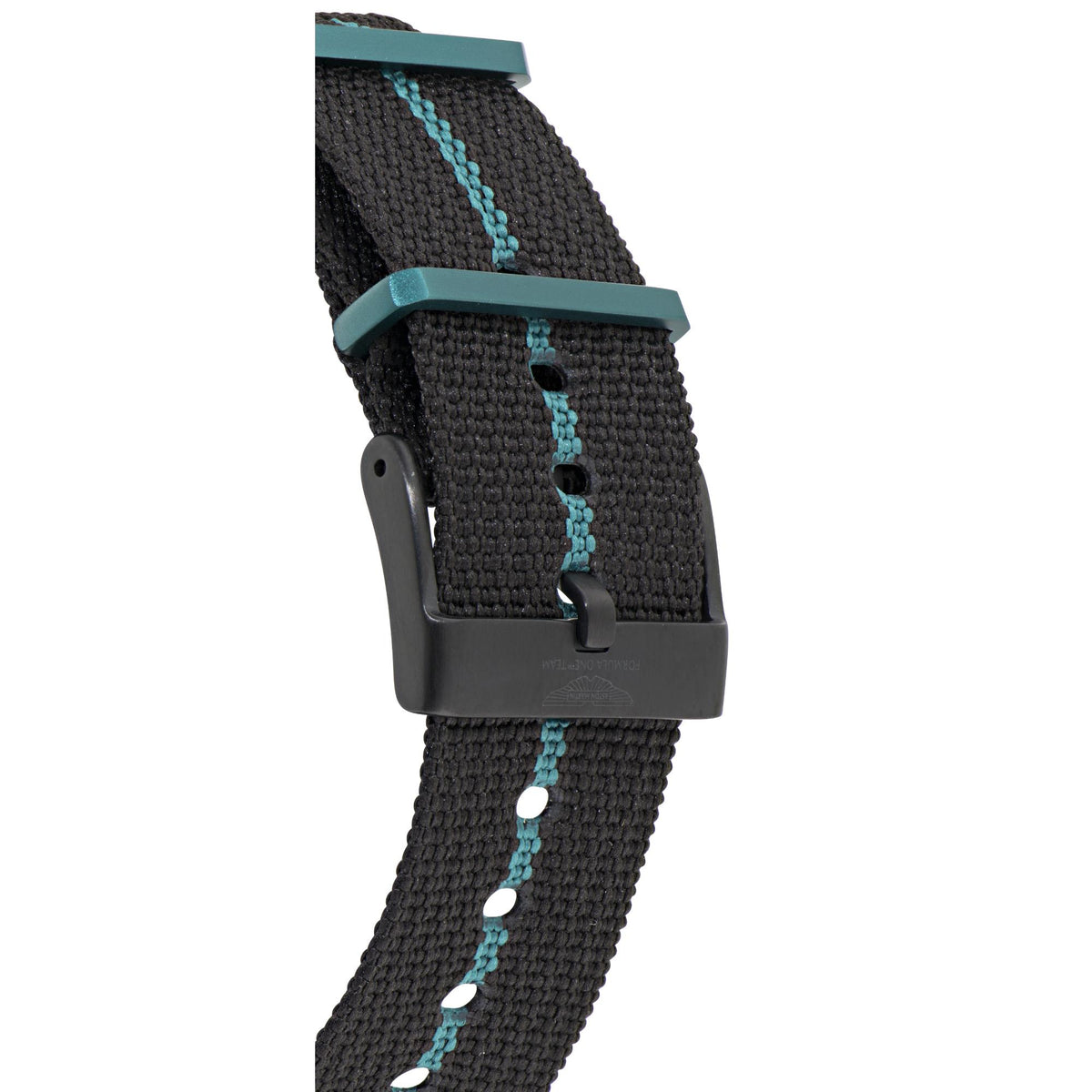 Woven NATO strap end with blue stitched stripe and black buckle.