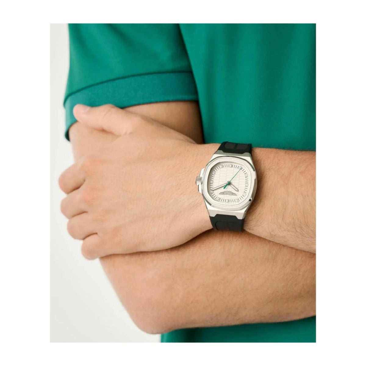 Aston Martin Quartz MTIG1F502 silver dial watch on a mans wrist lifestyle view