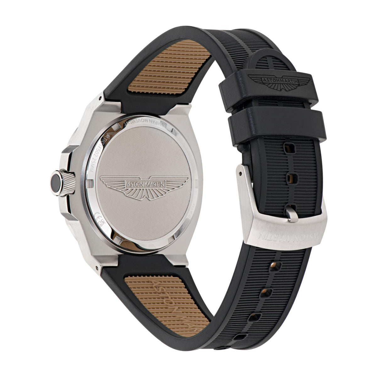 Aston Martin Quartz MTIG1F502 stainless steel caseback and black silicone strap overview