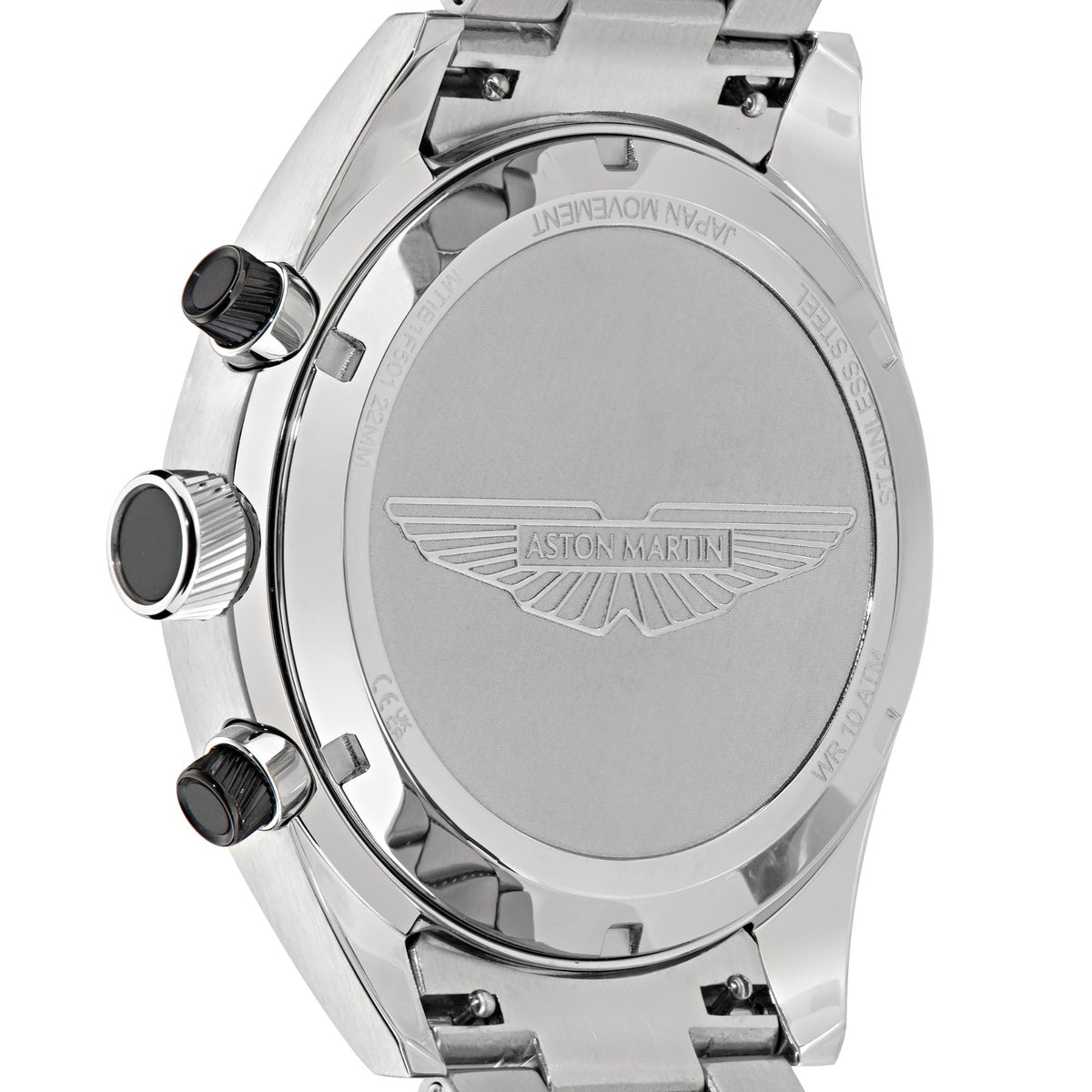 Men’s quartz watch back view with Aston Martin logo on silver case