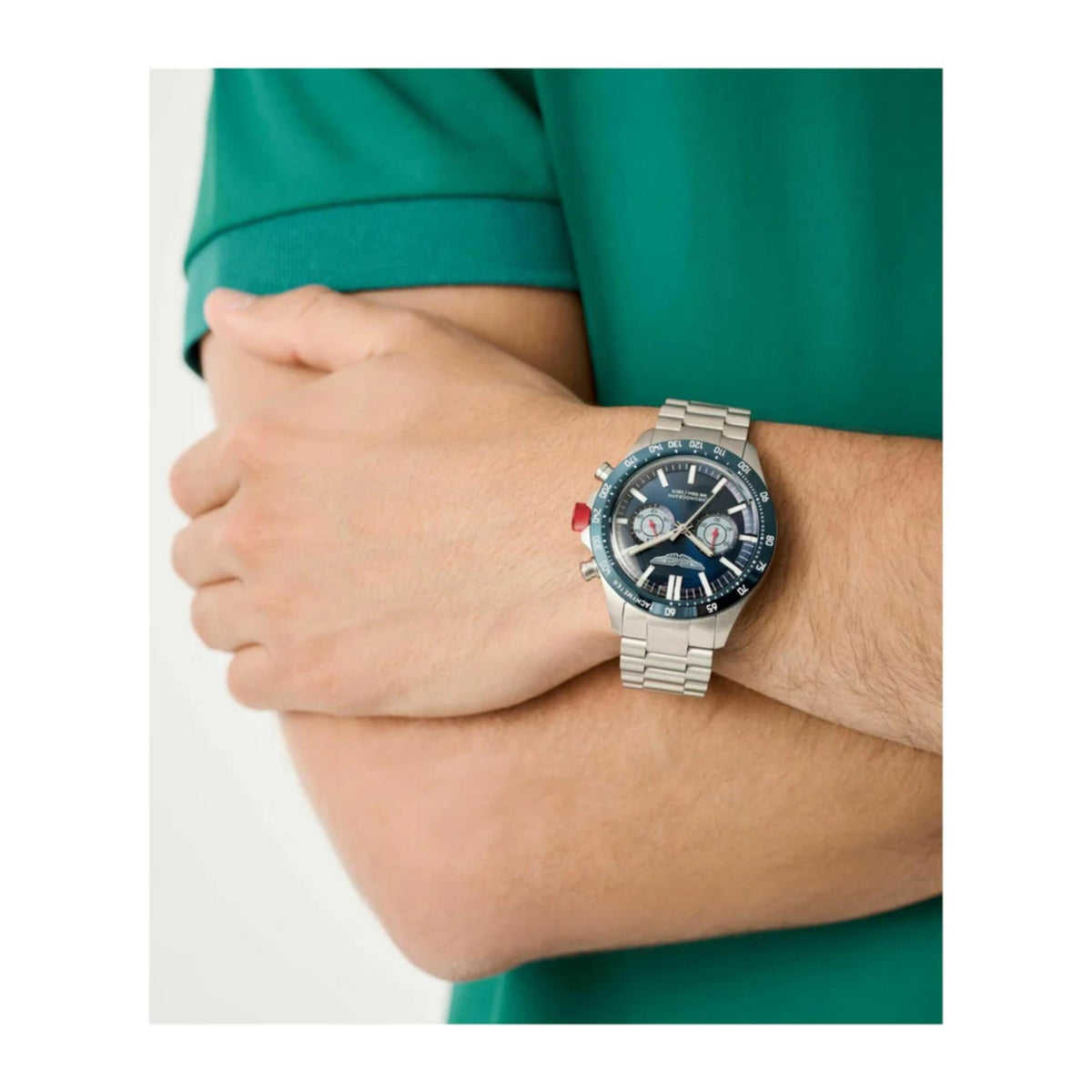 Aston Martin men's chronograph watch with blue dial and silver metal bracelet on wrist