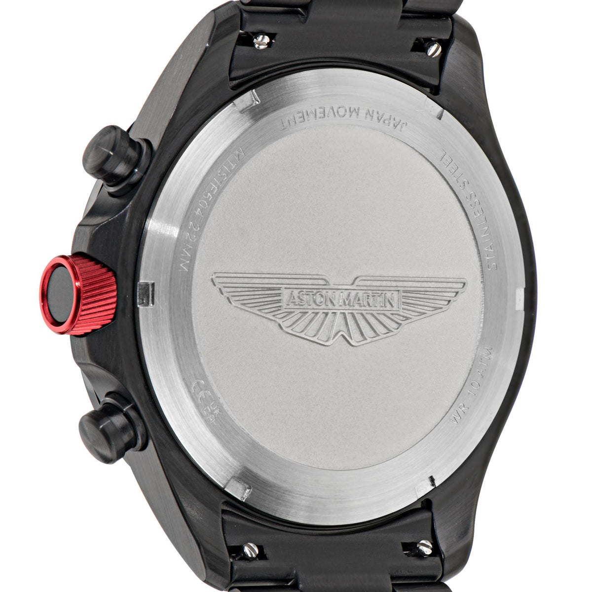 Aston Martin chronograph watch caseback with engraved Aston Martin wings and black finish