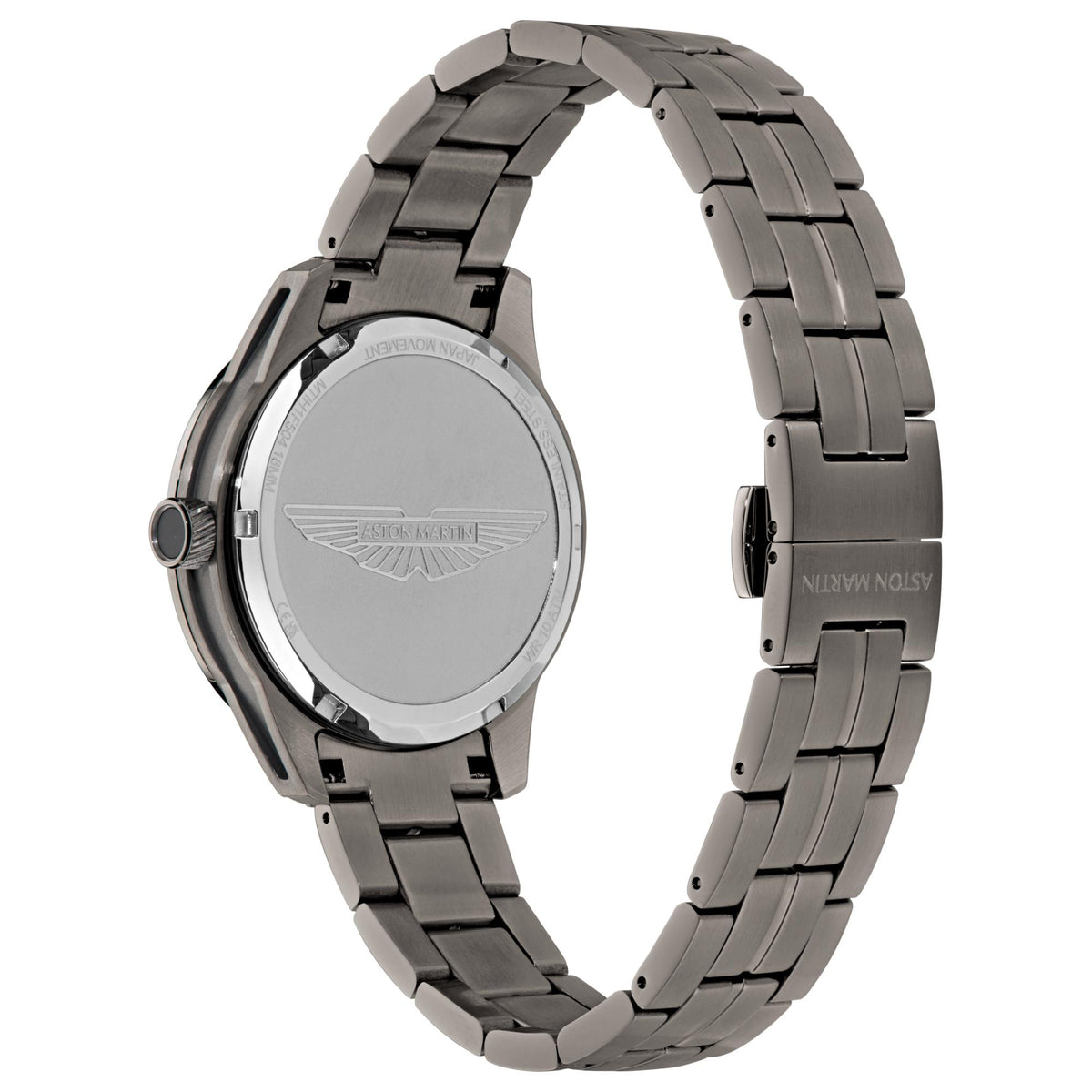 Men's Aston Martin watch back view with stainless bracelet and engraved caseback emblem