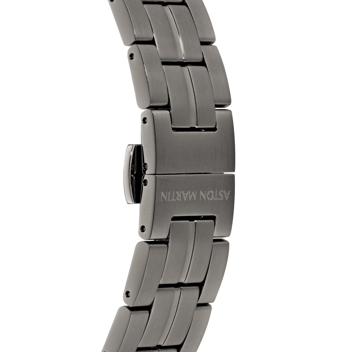 Men's Aston Martin stainless bracelet watch showing link details and clasp side