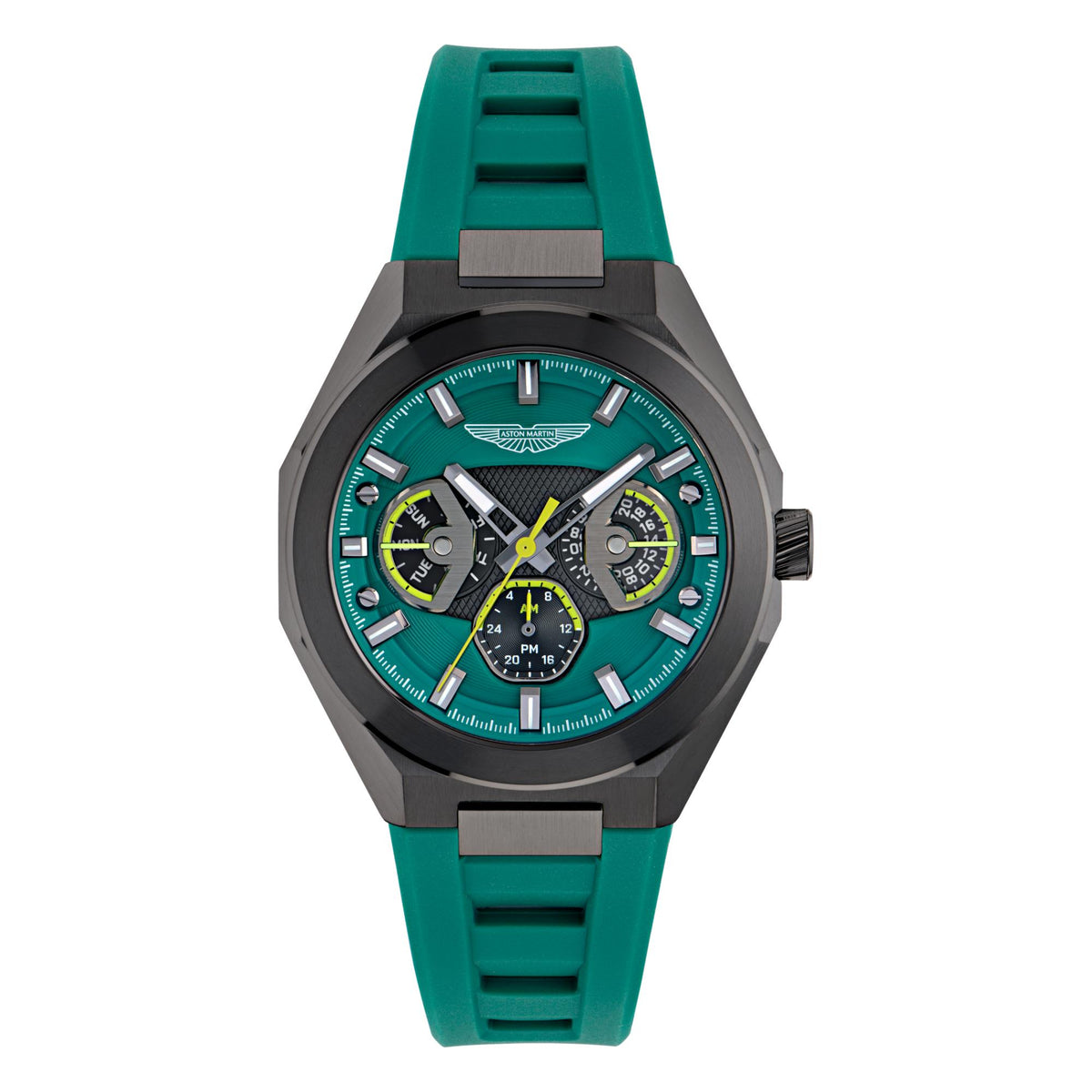 Green dial quartz chronograph watch with black case, green silicone strap, side crown.