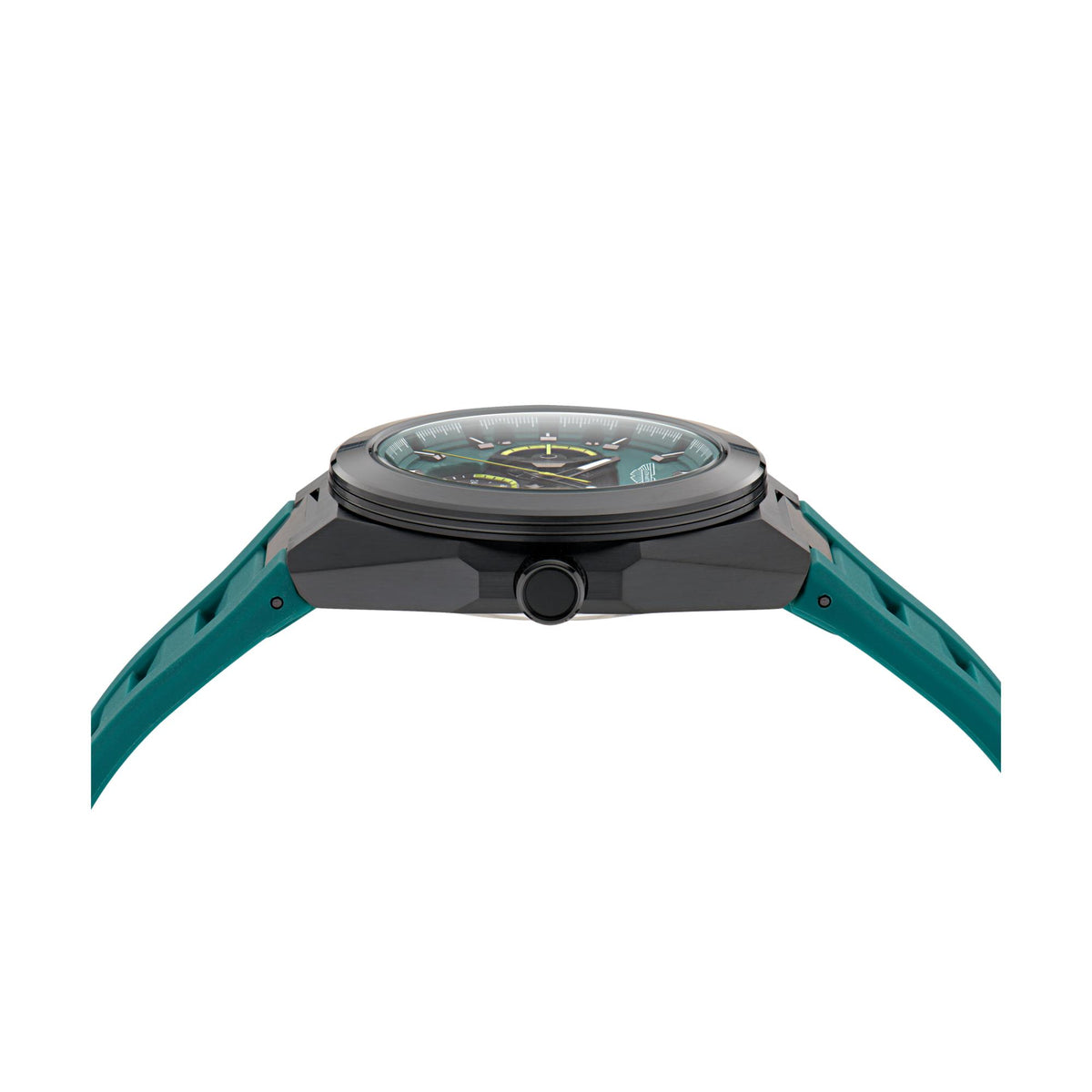 Black case side view of green silicone strap quartz chronograph watch with crown.