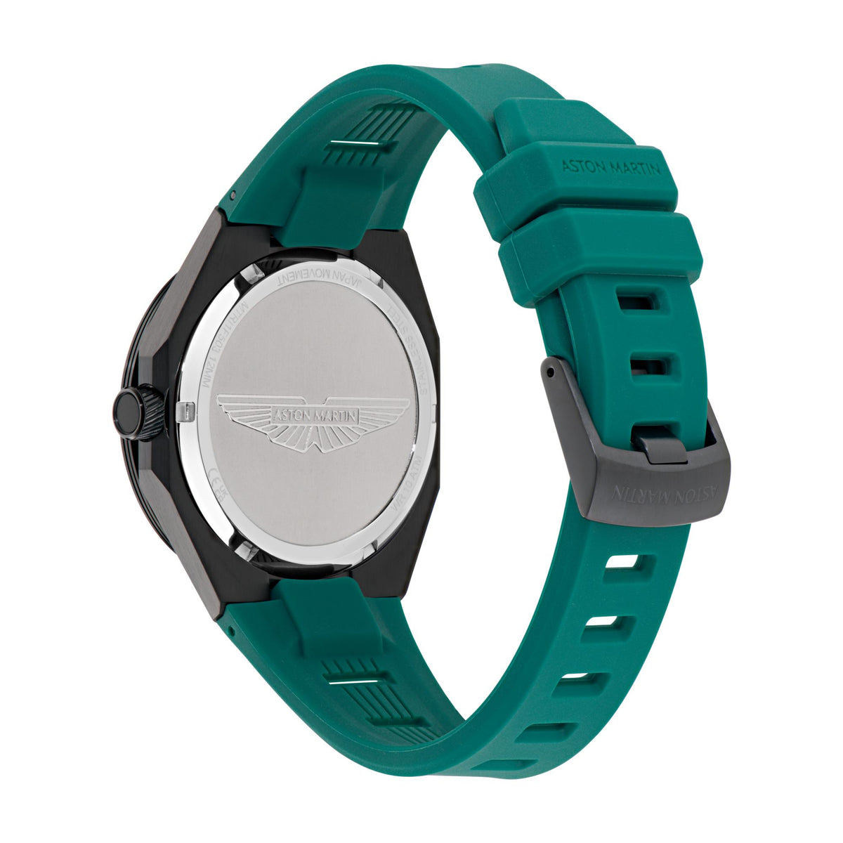 Back of green silicone strap quartz chronograph watch with metal case and Aston Martin emblem.