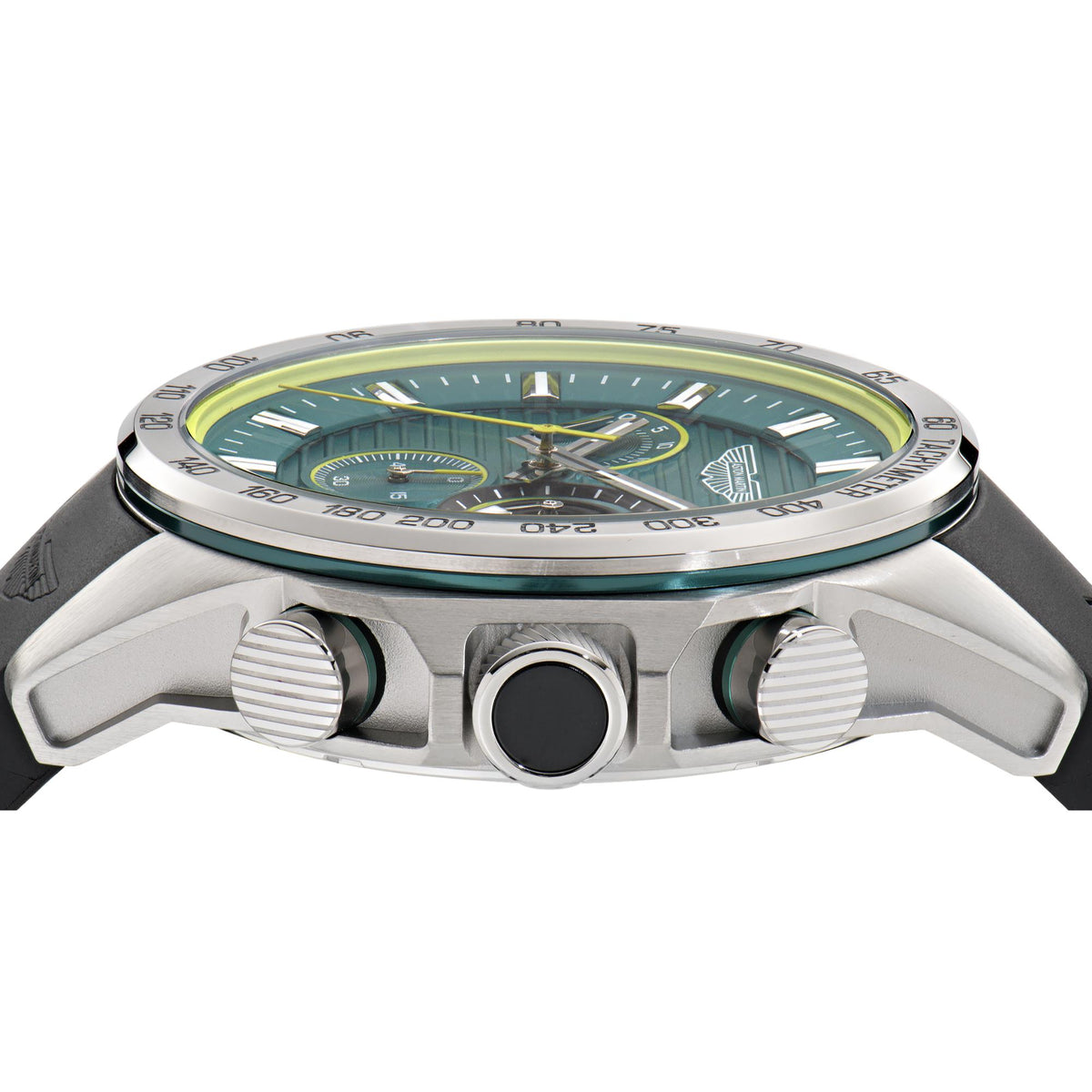 Aston Martin men's quartz chronograph watch with green dial, silver case, black silicone strap