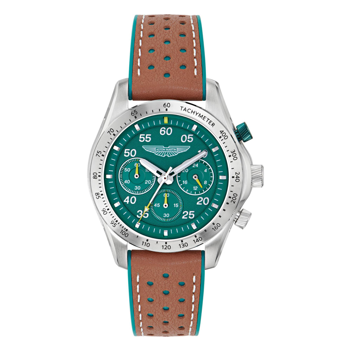 Aston Martin quartz chronograph watch with green dial and brown leather strap