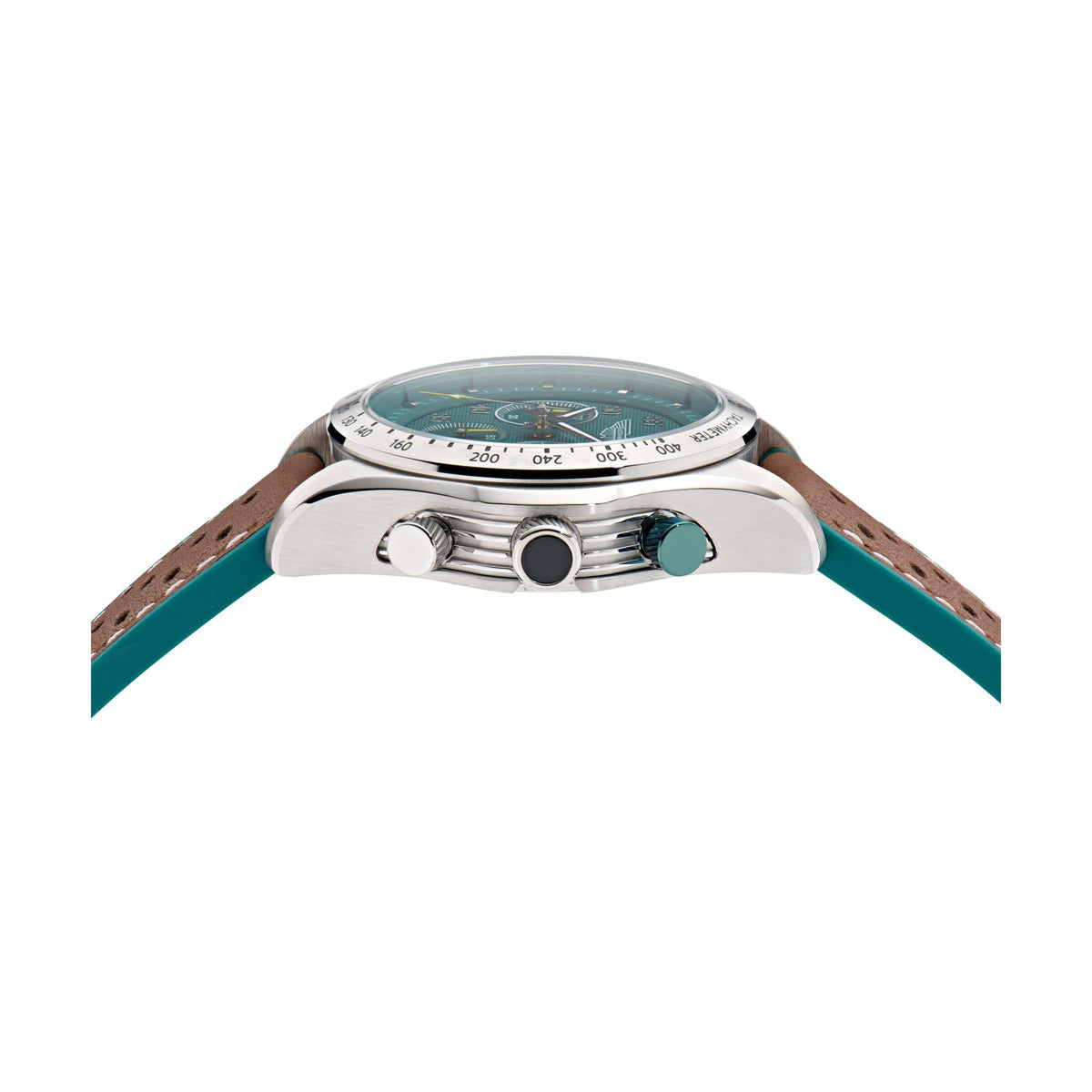 Aston Martin quartz chronograph watch side view with leather strap