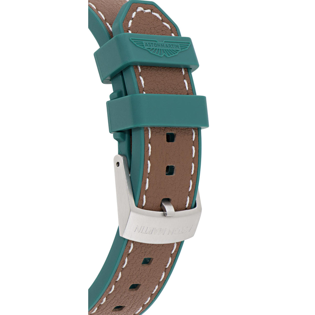Teal leather watch strap with buckle and stitched brown underside