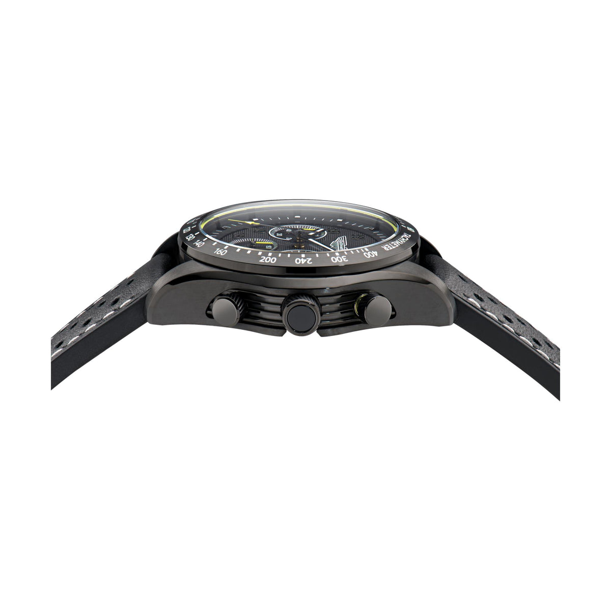 Side view of black chronograph watch case with pushers and crown