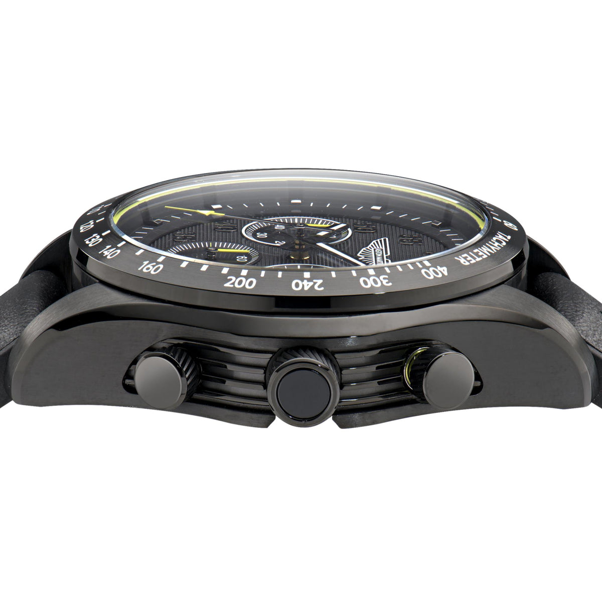 Black chronograph watch side profile showing bezel markings and pushers