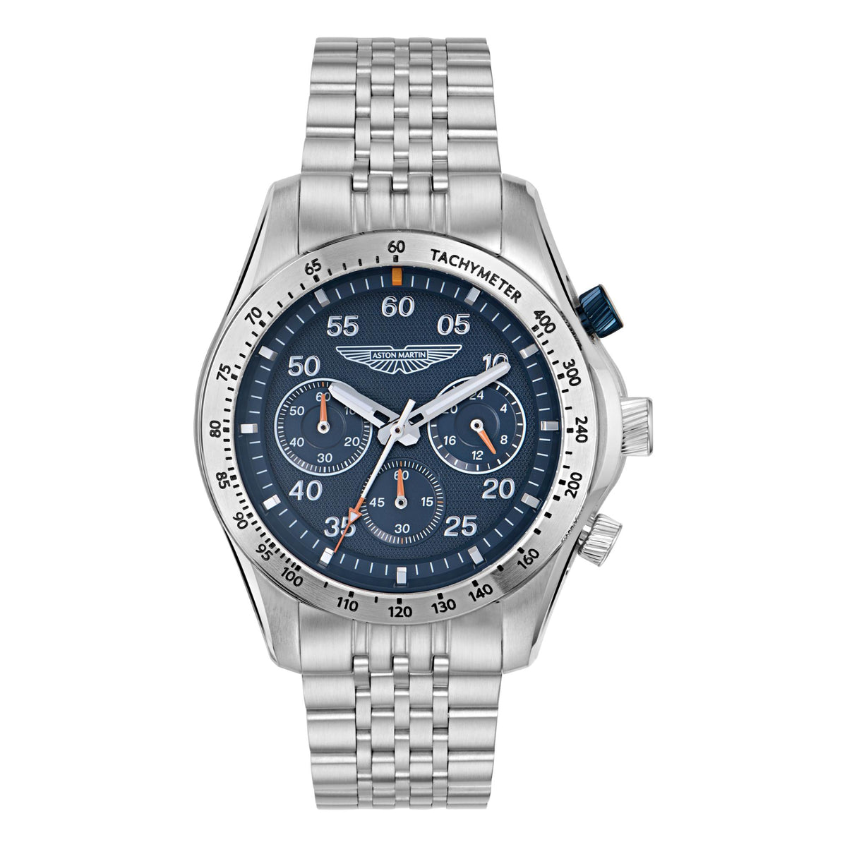 Aston Martin 42mm chronograph watch on silver stainless steel bracelet, front view.
