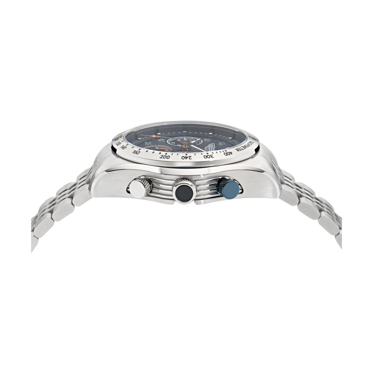 Aston Martin chronograph watch case back with crown details and stainless steel finish.