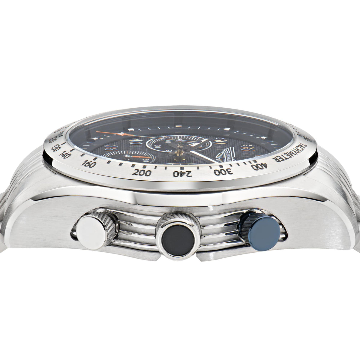 Aston Martin chronograph watch case with blue pushers and tachymeter bezel, close-up.