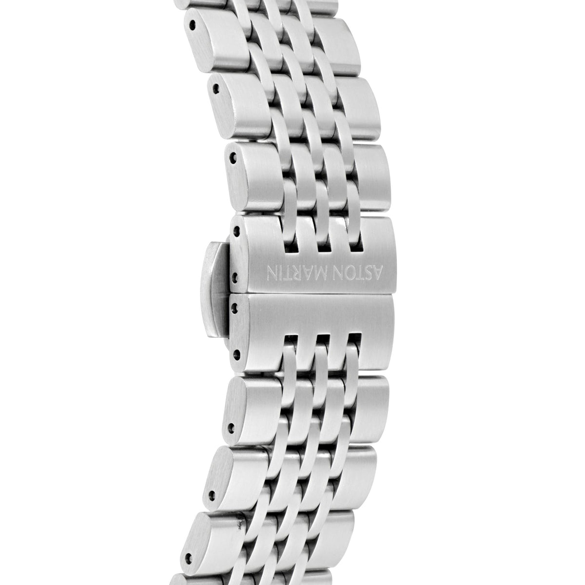 Aston Martin stainless steel bracelet with linked segments, side view.