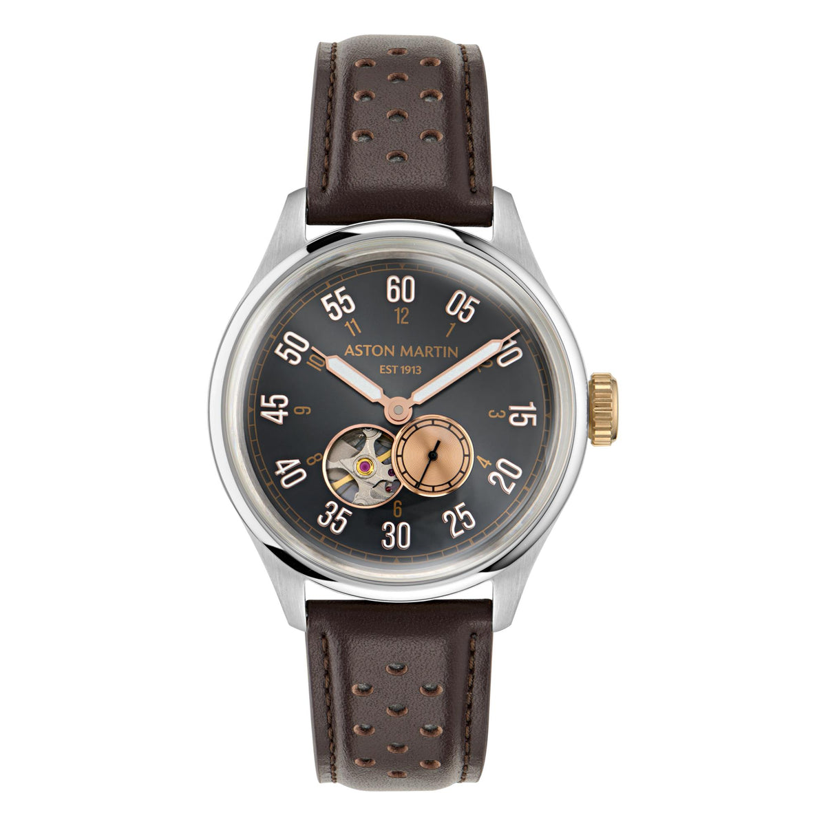Stainless automatic watch with black dial, brown leather strap, gold-tone crown
