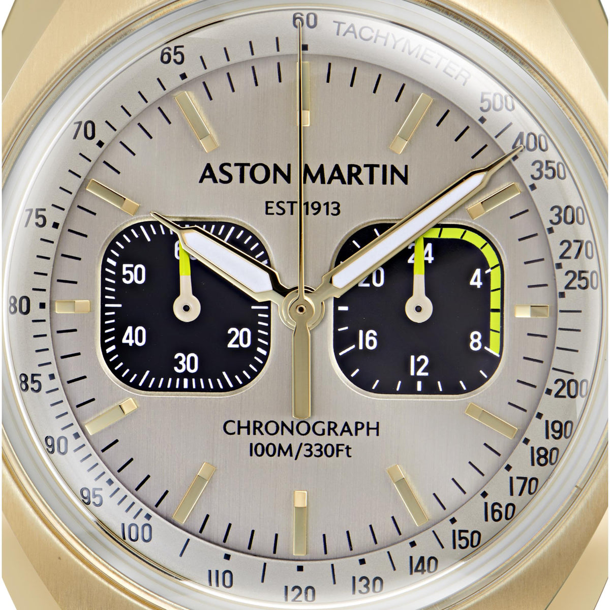 Aston Martin chronograph dial with tachymeter bezel and contrasting subdials