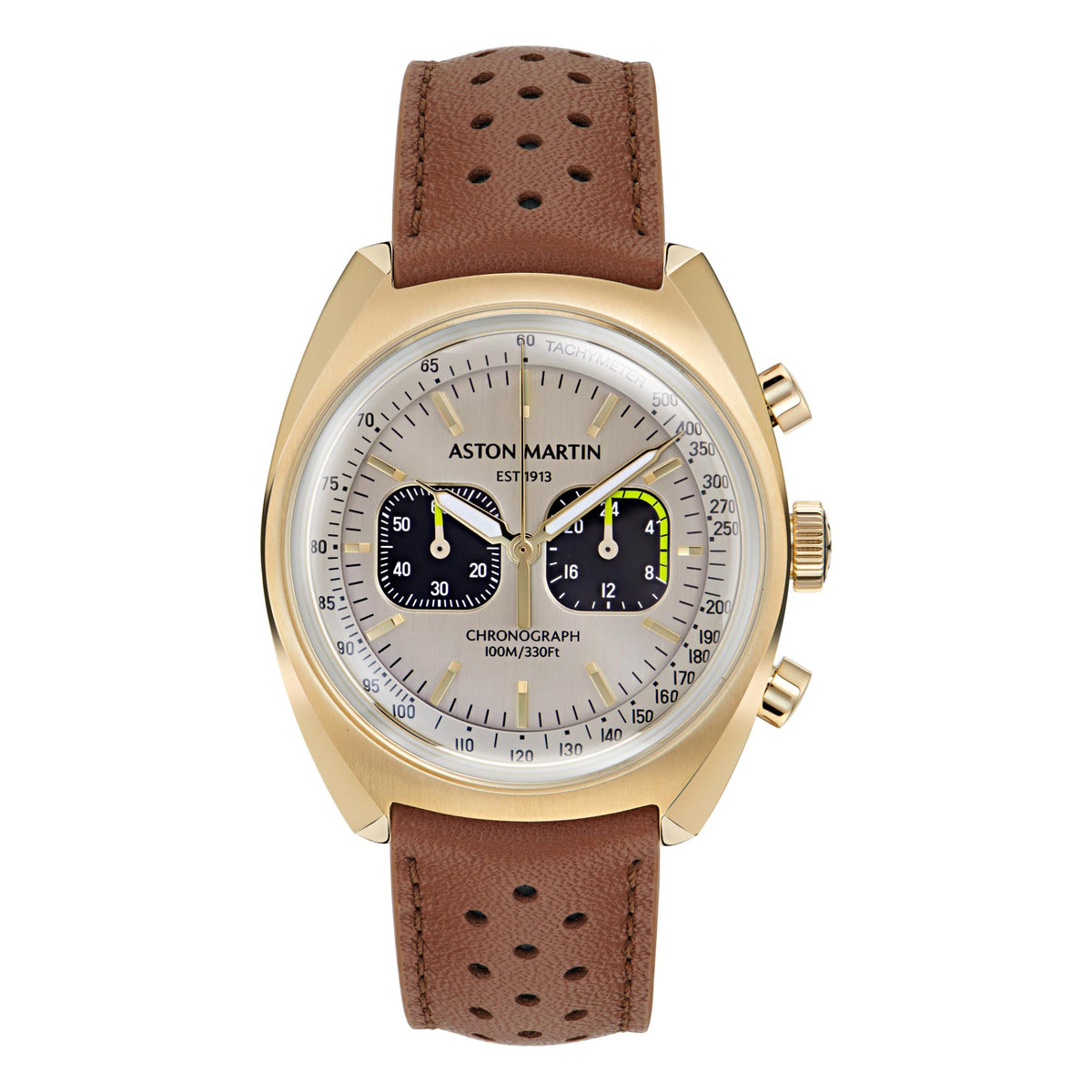 Gold-tone Aston Martin chronograph watch with champagne dial and tan leather strap
