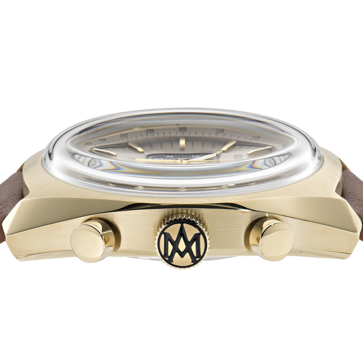 Gold-tone watch case top view with polished bezel and brown leather strap