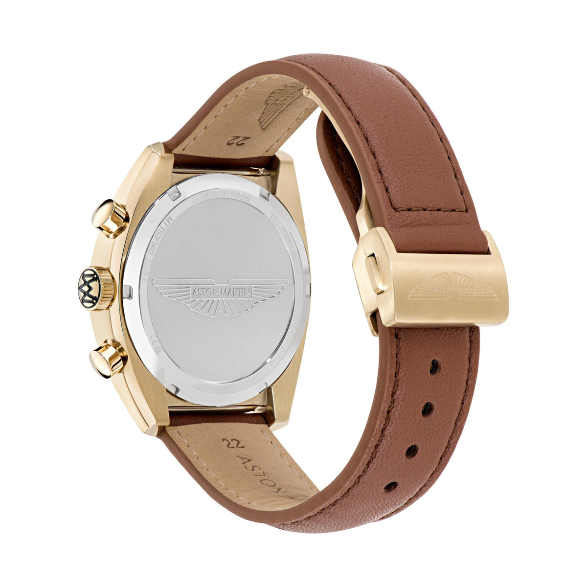 Back of gold-tone Aston Martin watch with brown leather strap
