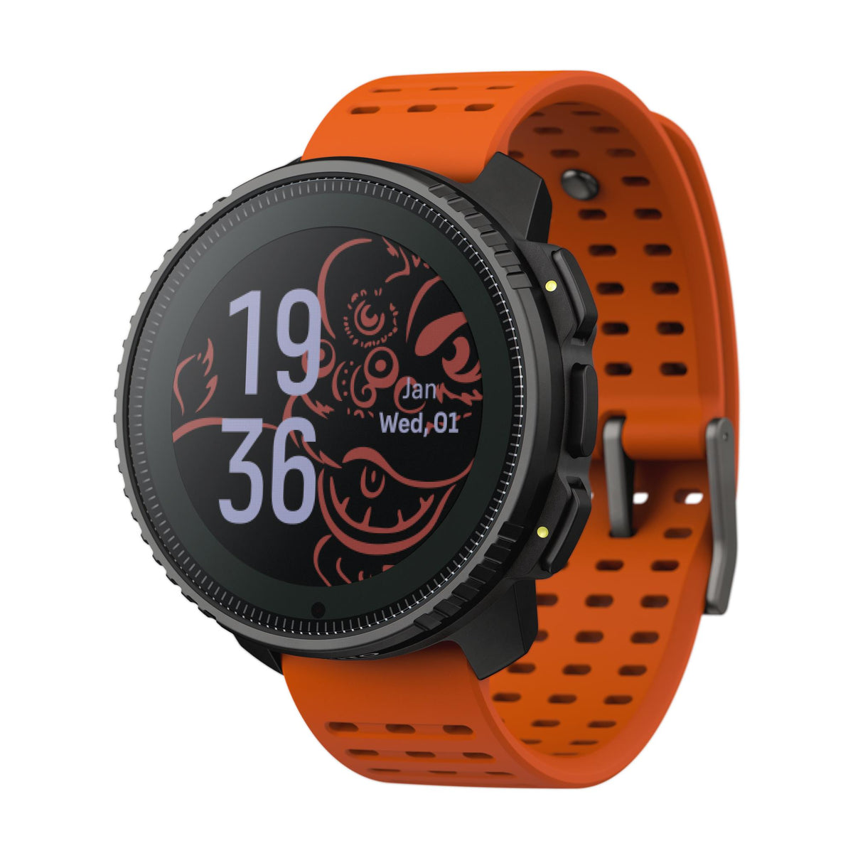 Suunto Vertical Solar Canyon SS050987000 three-quarter view showing digital screen with orange silicone strap