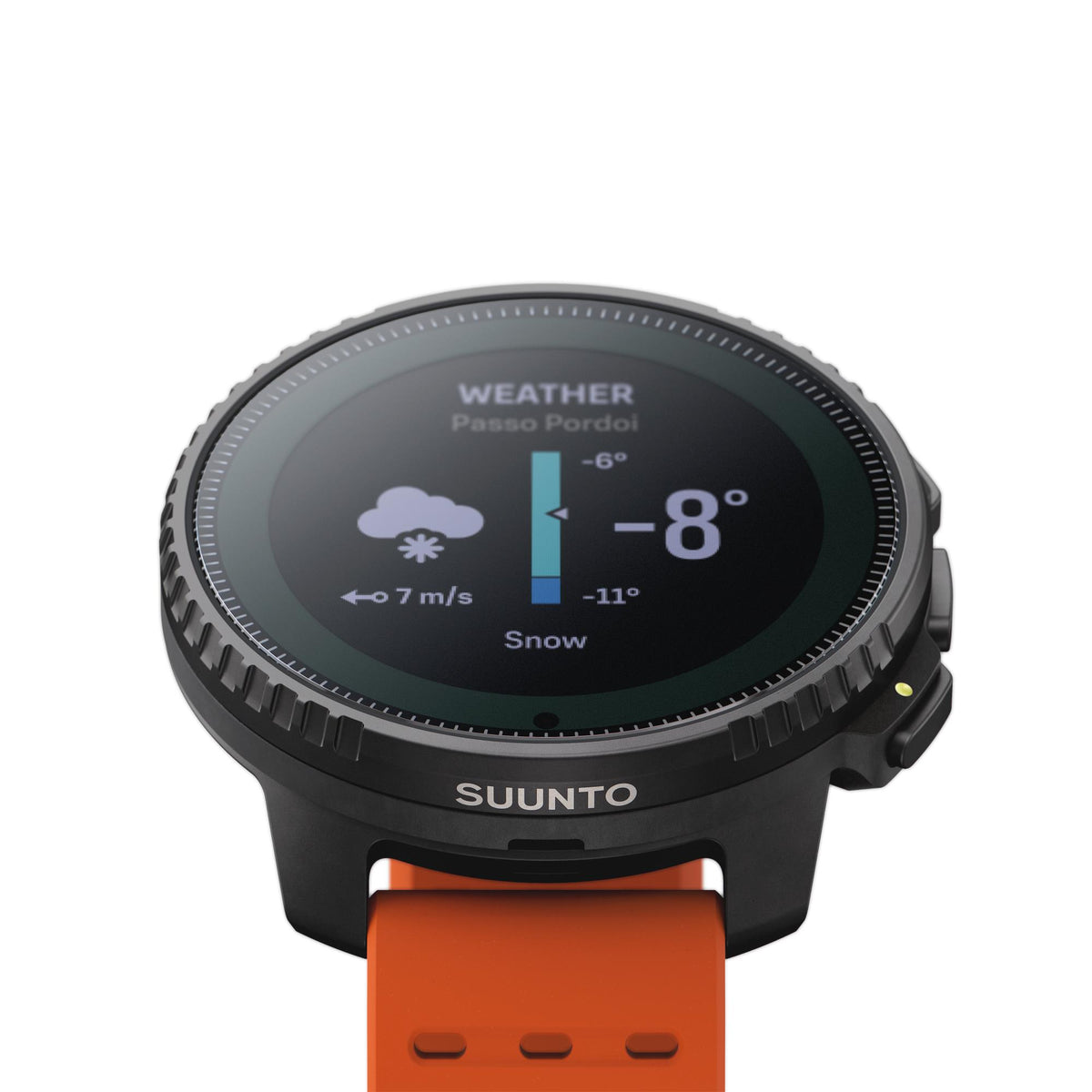 Suunto Vertical Solar Canyon SS050987000 top view showing weather interface on digital display with orange silicone strap