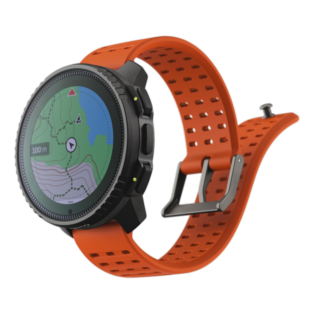 Suunto Vertical Solar Canyon SS050987000 perspective view showcasing map navigation display with silicone strap