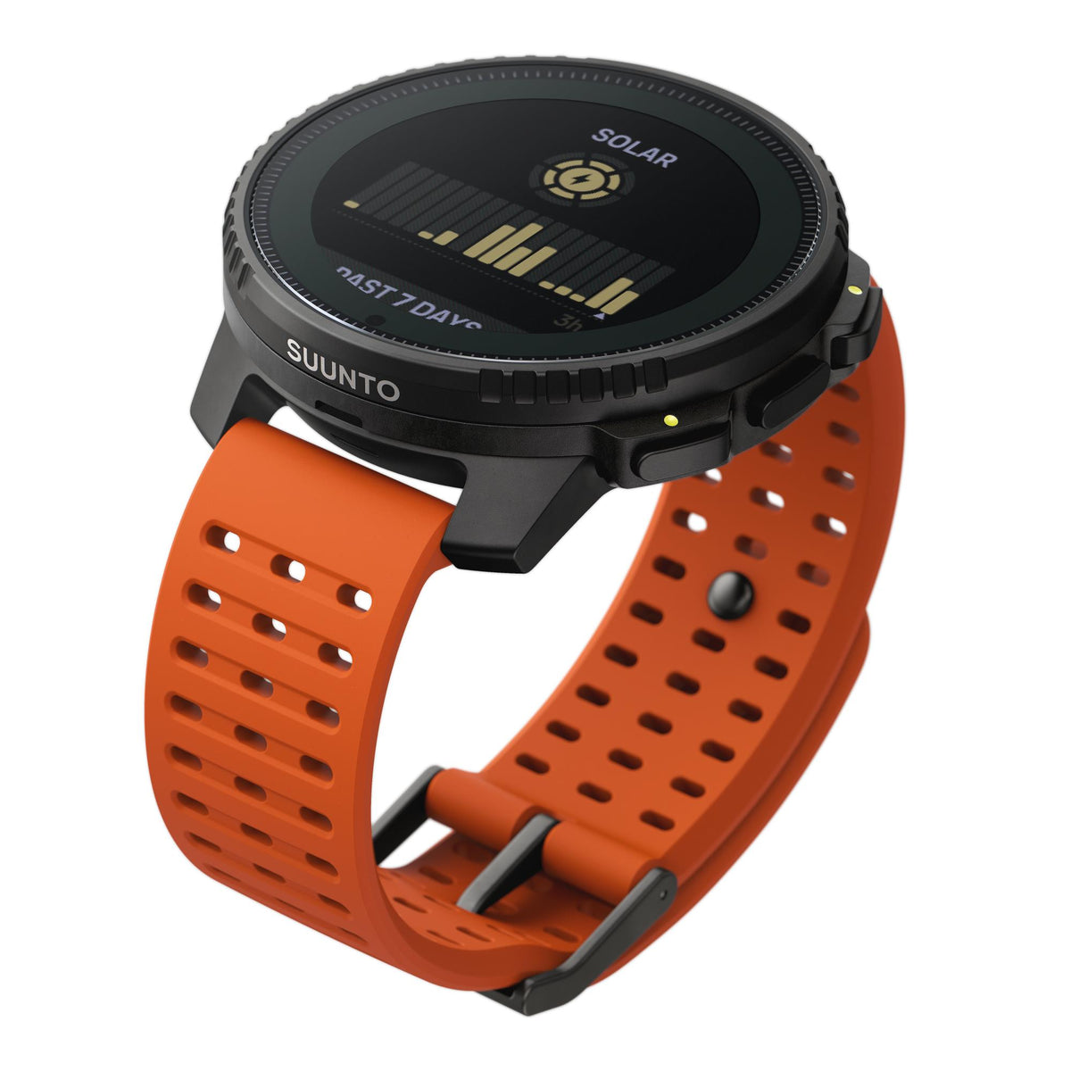 Suunto Vertical Solar Canyon SS050987000 high angle view displaying solar status interface with orange silicone strap
