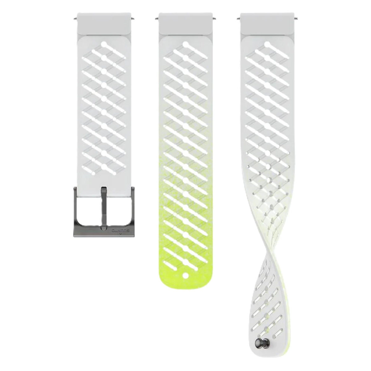 Suunto Athletic 5 Canary White SS051042000 flat lay view of silicone watch strap set featuring perforated ventilated design and pin buckle closure