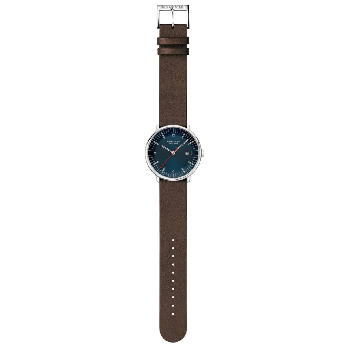 Mondaine watch completely laid out straight from top to bottom, showing the full length of the brown leather strap and the blue watch dial