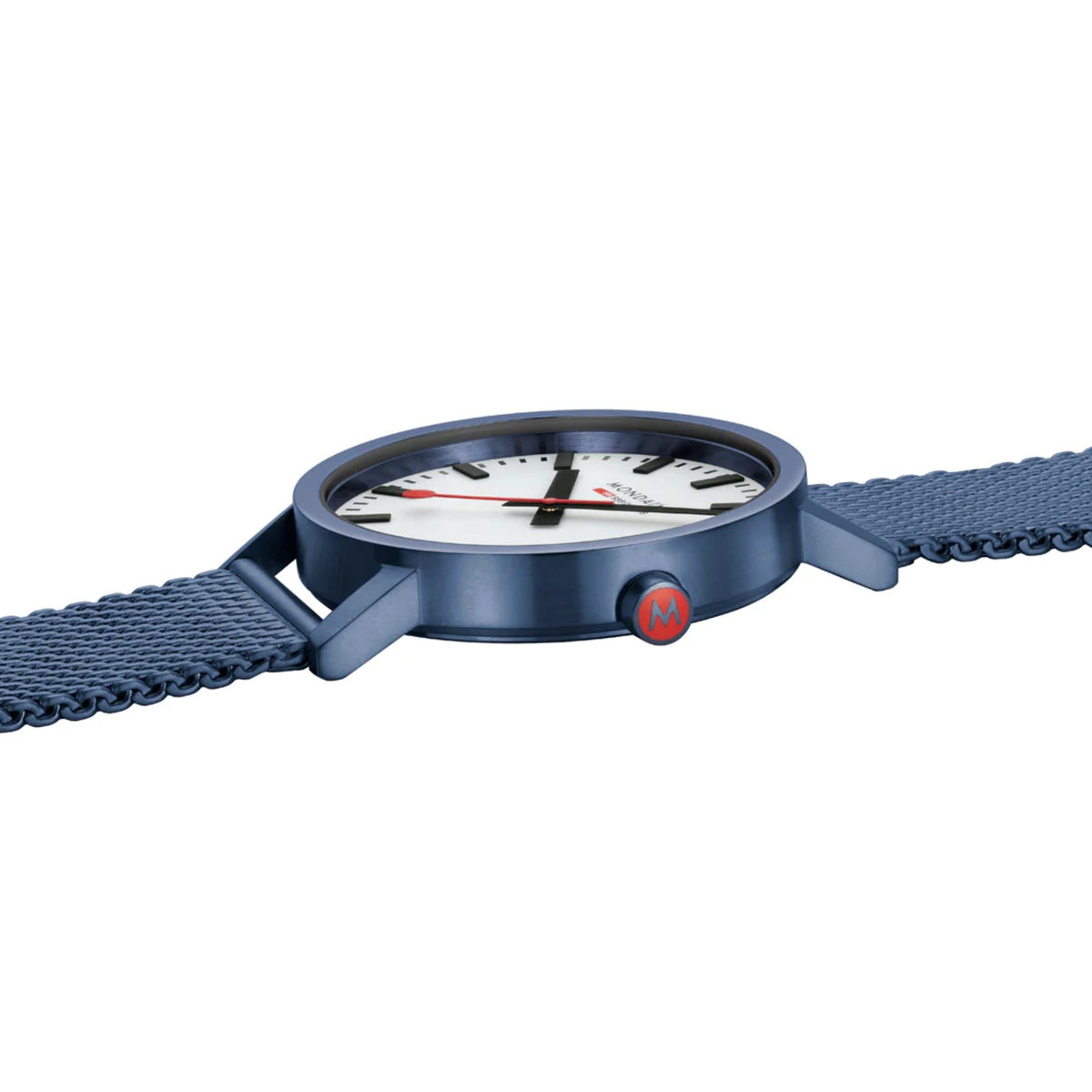 Mondaine Essentials A660.30360.1BSBM blue stainless steel case and crown detail