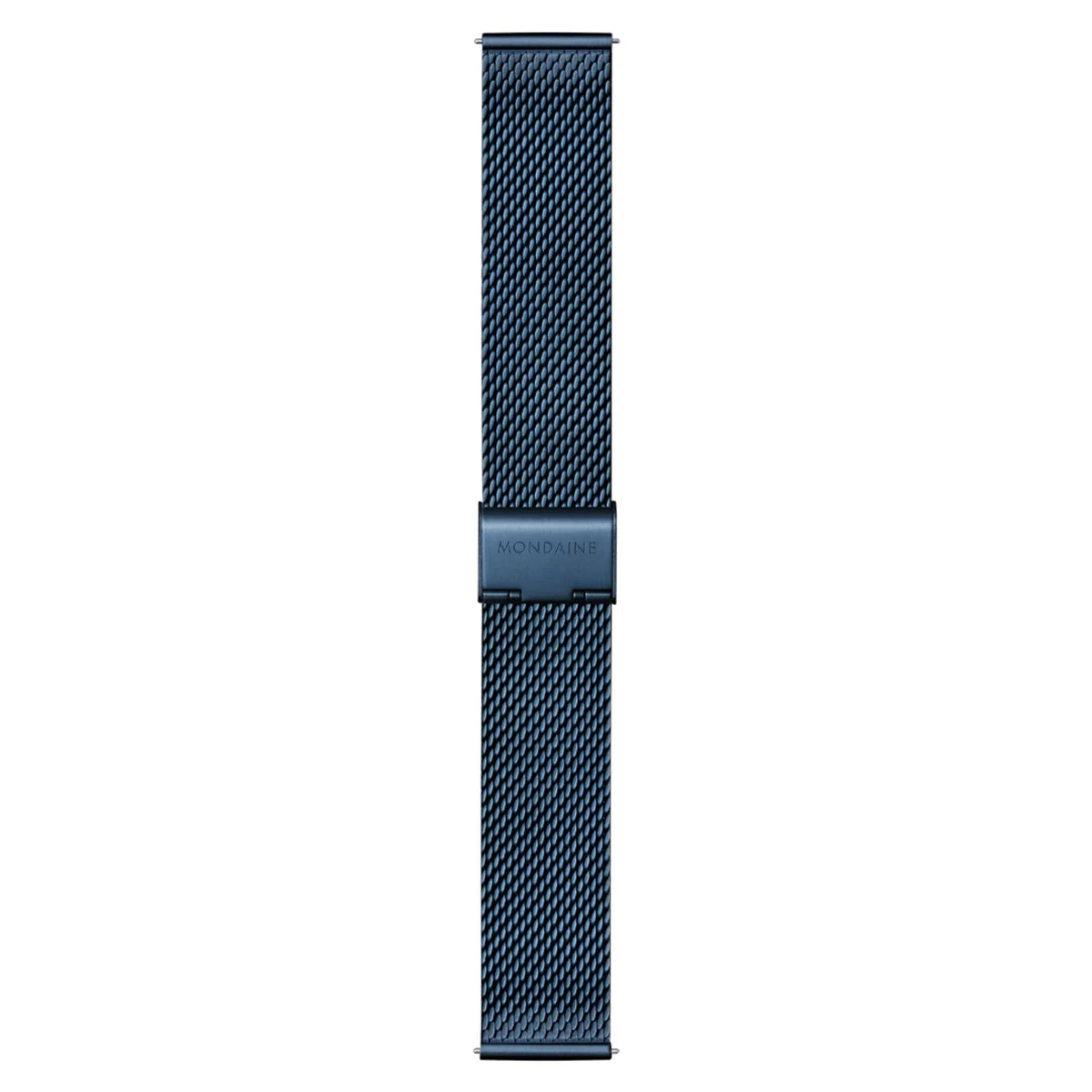 Mondaine A660.30360.1BSBM blue stainless steel mesh strap and engraved clasp detail